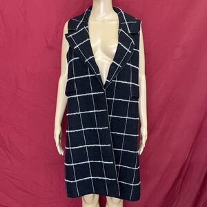 Sasso + Smyth Open Front Long Collared Vest Charcoal Grid Pattern Size Large
